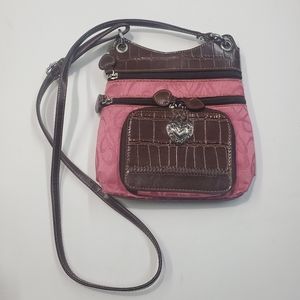 SOLD- Pink hearts canvas purse shoulder bag, heart fobs on zipper pulls buckle